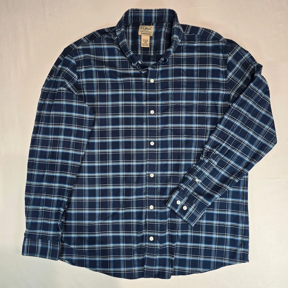 LL‎ Bean Mens Traditional Fit Blue Plaid Long Sleeve Button Down Shirt Large